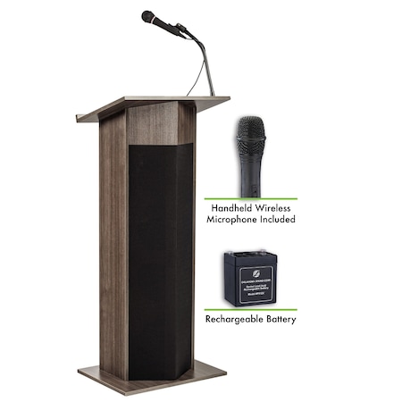 Oklahoma Sound Oklahoma Sound Power Plus Lectern and Rechargeable Battery with Wireless Handheld Mic, Ribbonwood M111PLS-RW/LWM-5